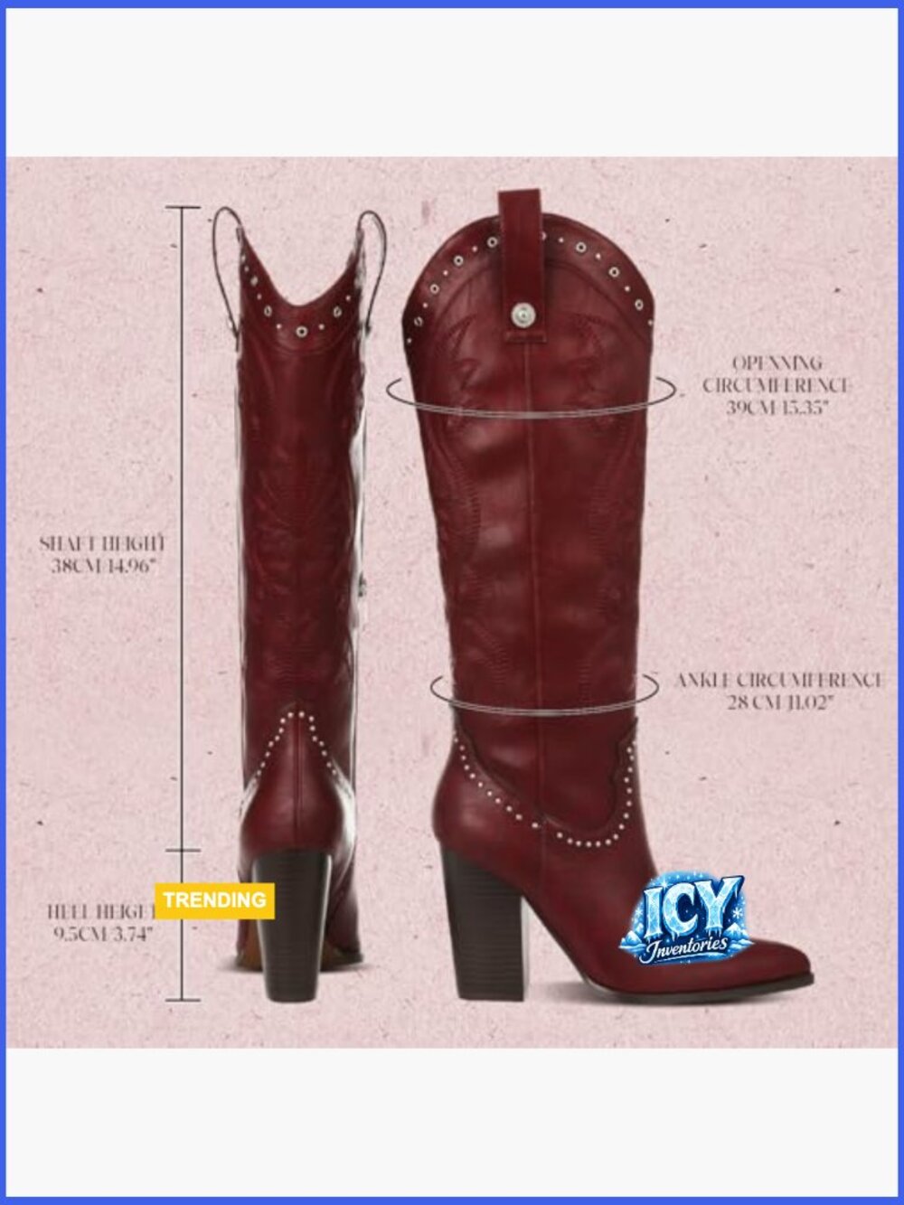 Knee High Cowboy Boots Pointed Toe Chunky Heel Pull-on Embroidered Wide Calf - Picture 6 of 7